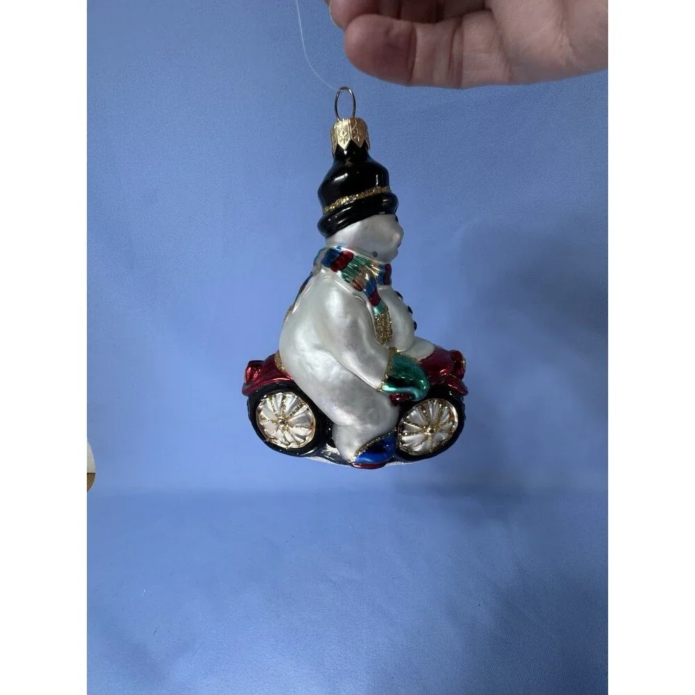 Dillard's Trimmings Snowman on a Motorcycle 1999 Glass Blown Christmas Ornament